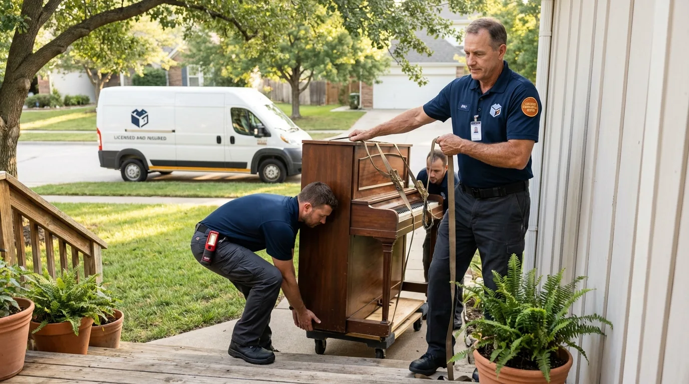 Licensed piano movers securing grand piano in Gardiner, ME