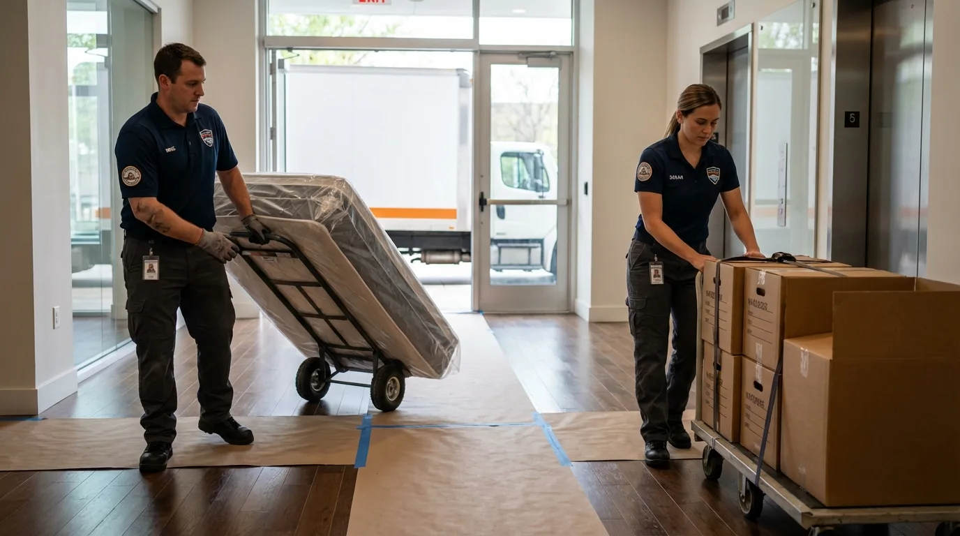 Professional apartment movers loading elevator in Gardiner, ME