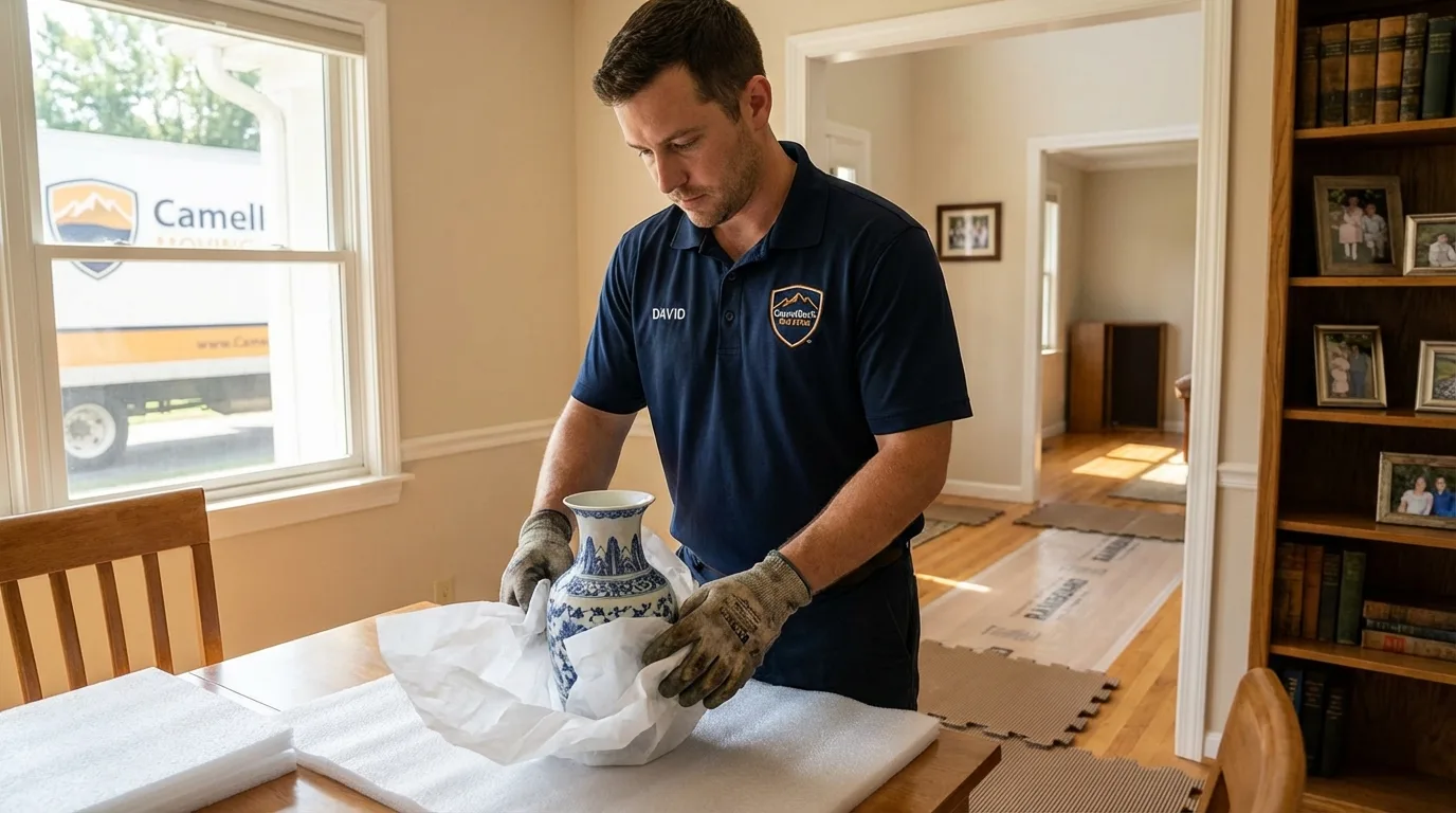 Professional crew carefully wrapping antique vase for senior downsizing move in Gardiner, ME