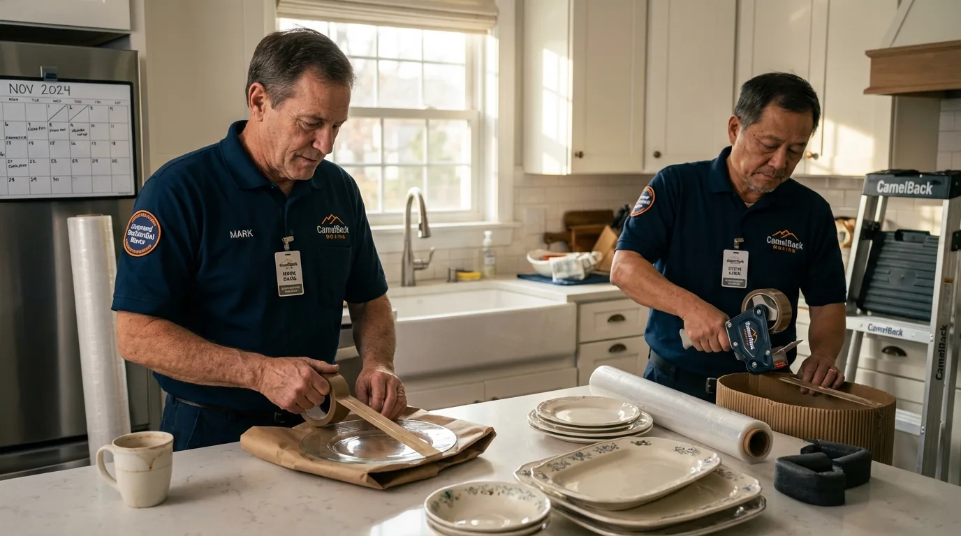 Professional crew packing kitchen dishware in Gardiner, ME